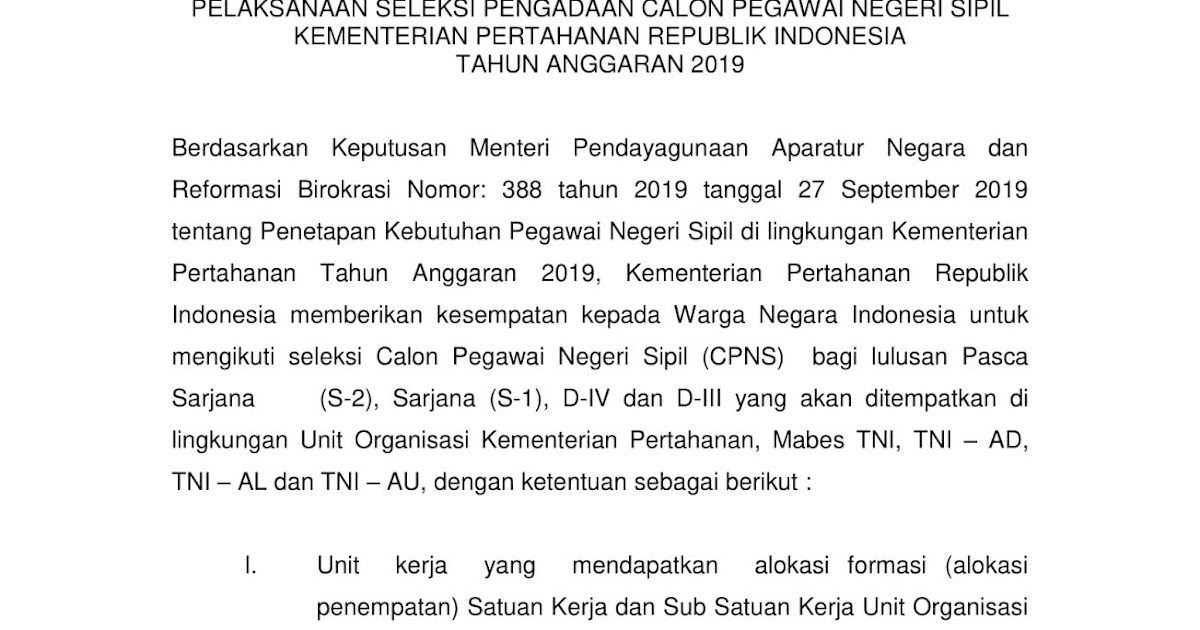 Lowongan Cpns Kementerian Pertahanan Tahun 2019 552 Formasi