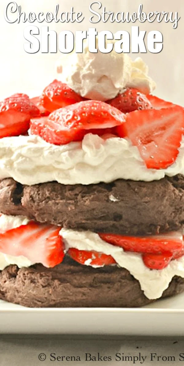The Best Strawberry Shortcake is Chocolate Strawberry Shortcake! Delicious Chocolate Biscuits are covered with fresh strawberries and whipped cream from Serena Bakes Simply From Scratch.