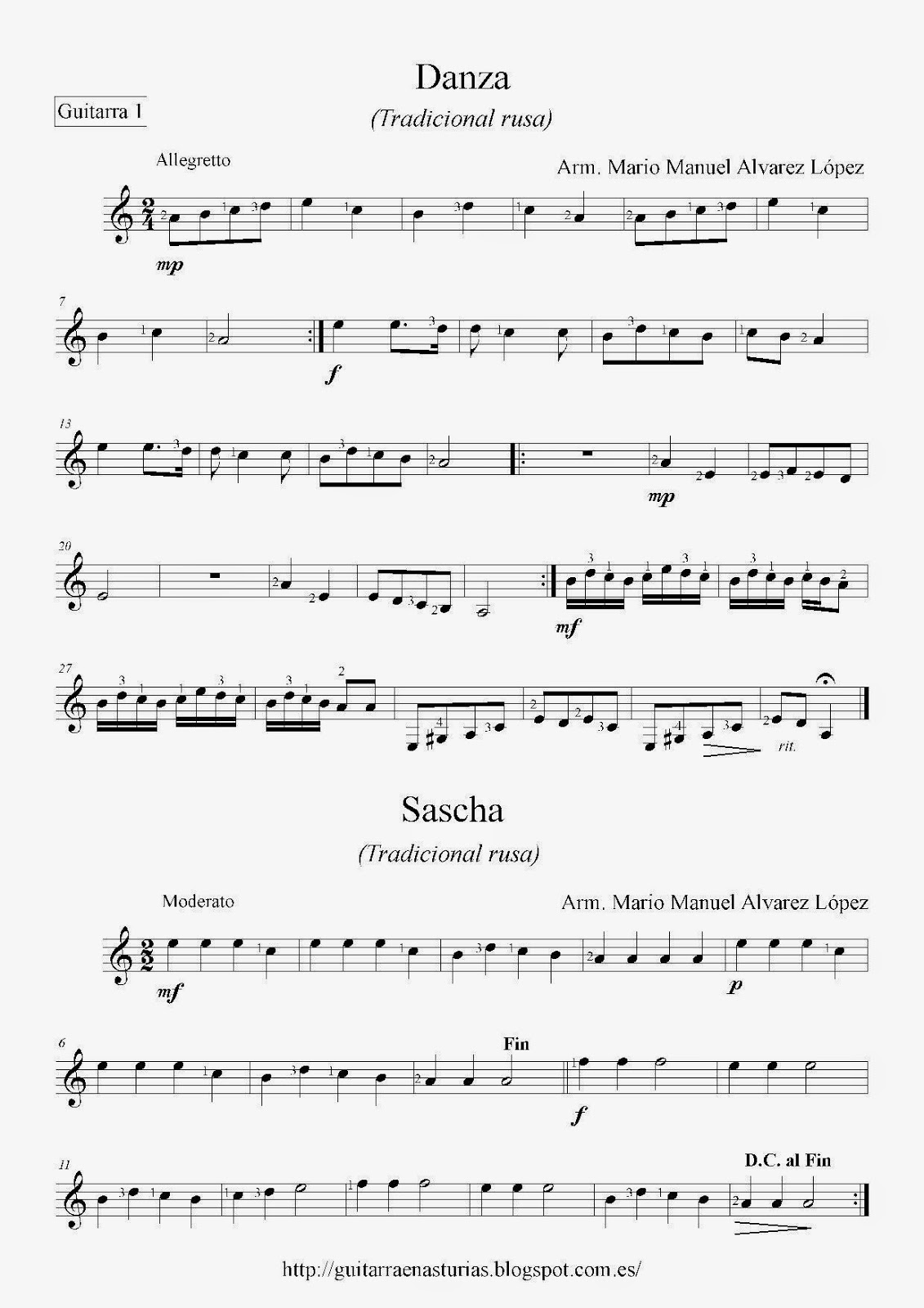 Partituras de guitarra: Tradicional. 2 canciones rusas para cuatro guitarras