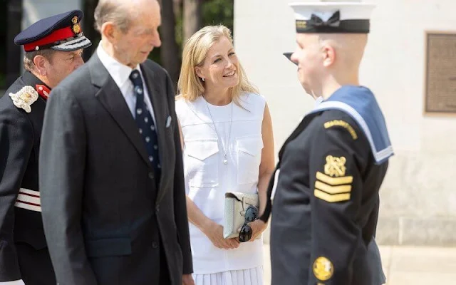 The Countess of Wessex is Patron of the Java Far East Prisoners of War Club. The Countess wore a white top and white pleated skirt