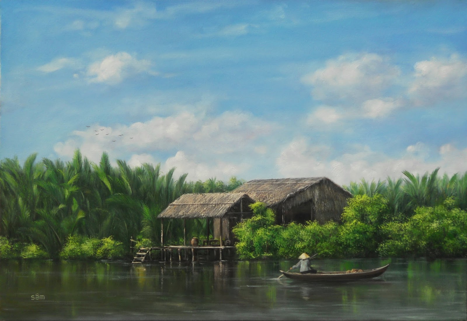 LÊ SÂM . vẽ tranh sơn dầu: sông nước miền Tây Nam Bộ. tranh sơn dầu . oil  painting