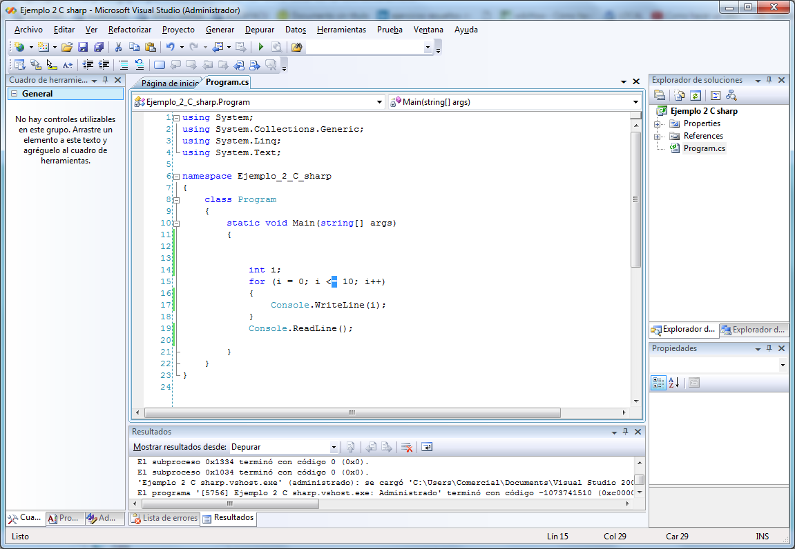 C SHARP C Ejemplo Sentencia For C