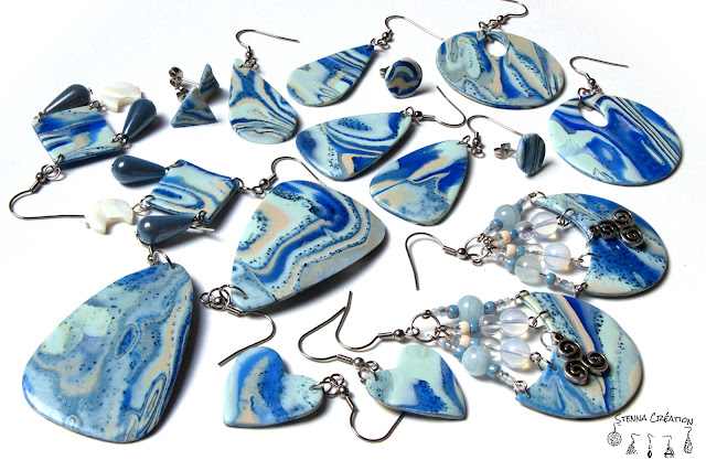 Boucles oreilles Mokume Gane Bleu Sahara Feuilles métallique bleues Cernit Fimo Stenna Création