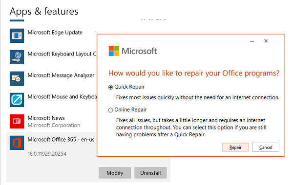 Reparación rápida de Microsoft Office en línea