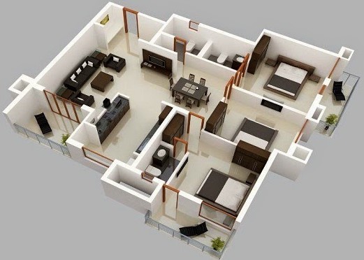 Denah Inspiratif Rumah Minimalis Dengan 3 Kamar Tidur 3d