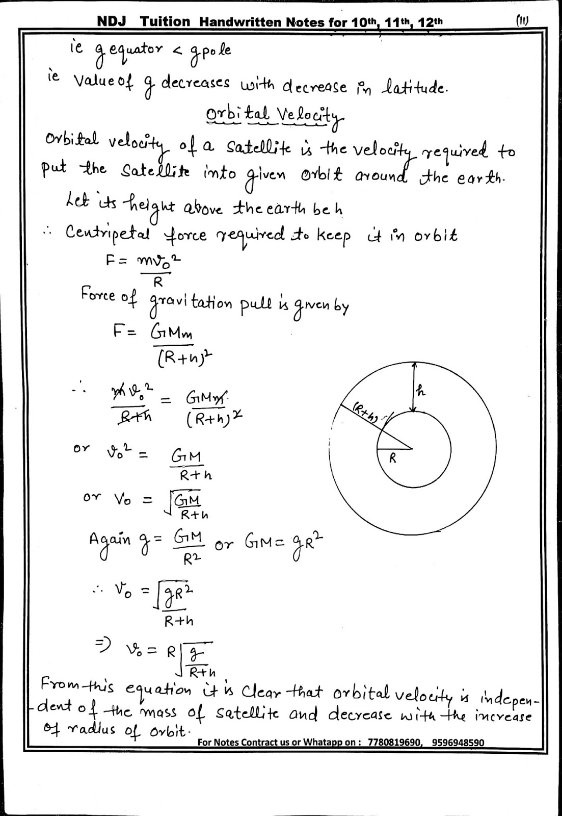 Gravitation handwritten notes for 11th class physics