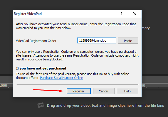 VideoPad Video Editor Pro Free Download + Serial Key! - 3 Paste Registration Code And Click On Register Button