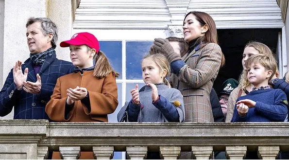 Crown Princess Mary, Princess Isabella, Prince Vincent and Princess Josephine. Mary wore lassic check basic long wool blend slit pocket plaid coat