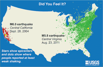 Earthquakes on the east are felt over wider region than west coast quakes