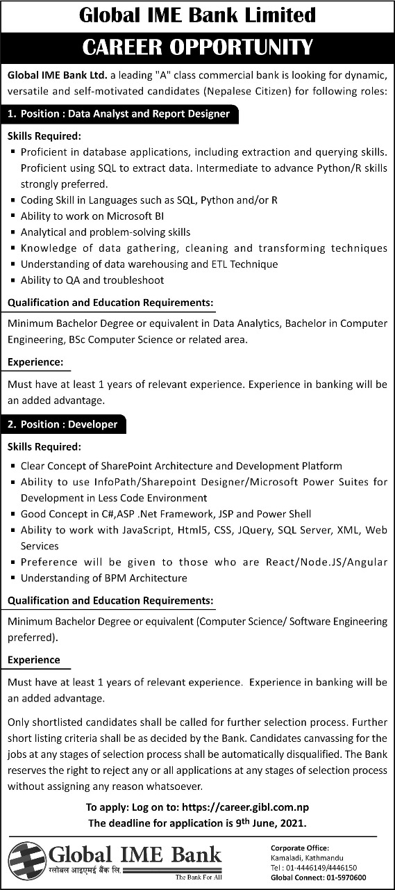 Global IME Bank Vacancy for Data Analyst & Report Designer and Developer
