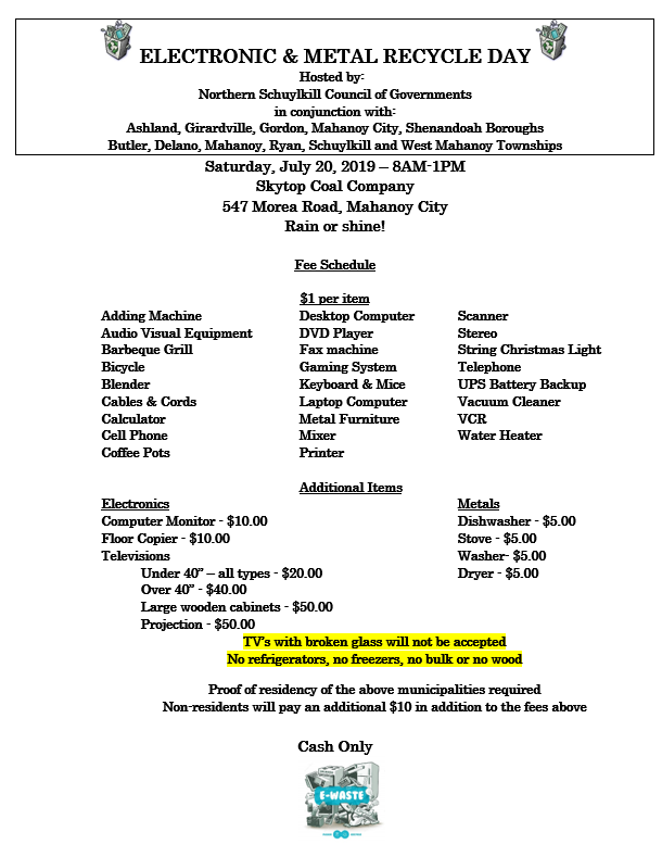 Electronic and Metal Recycling Day Scheduled for Northern Schuylkill