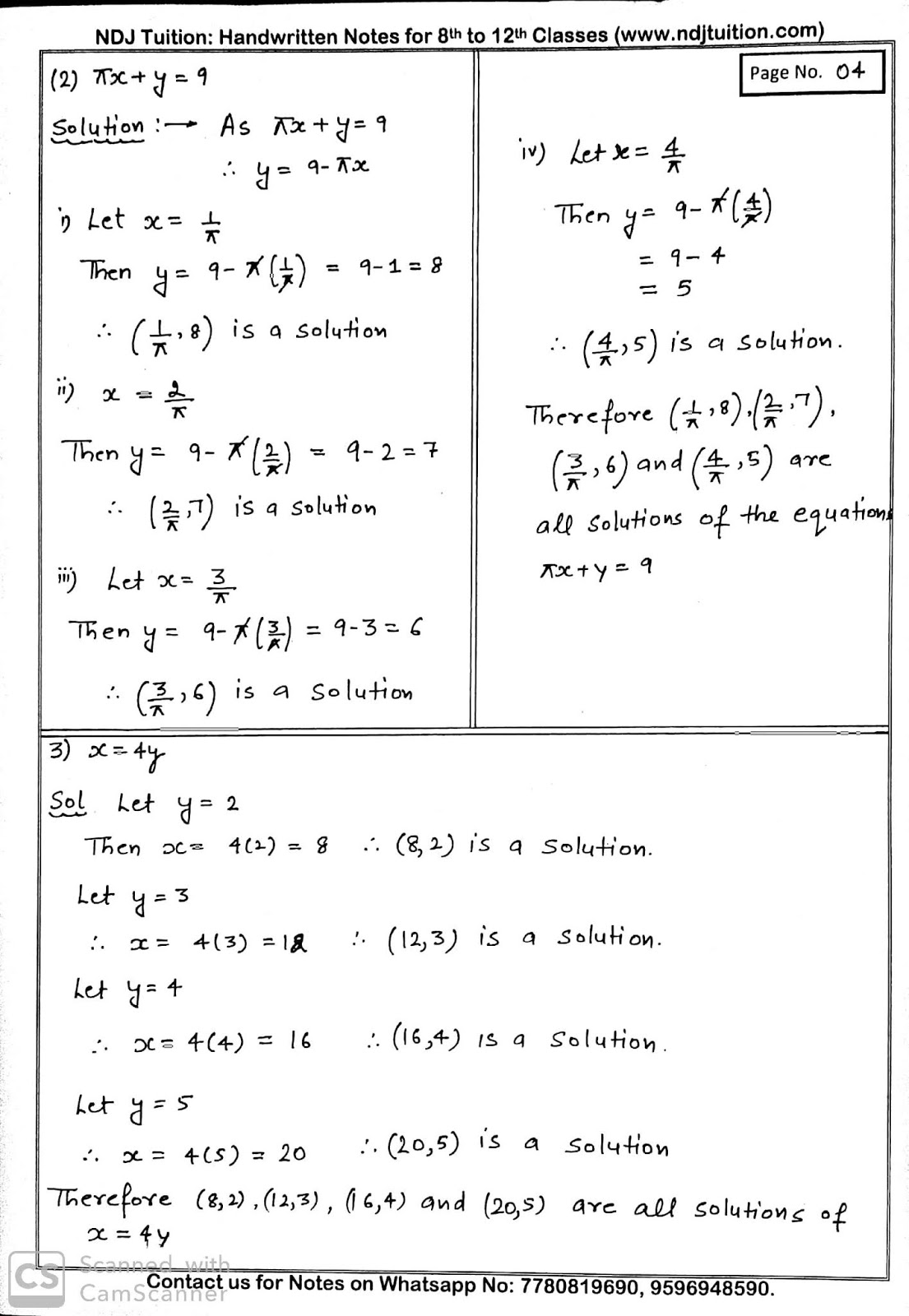 Linear Equation In Two Variables Handwritten Notes for 9th Math
