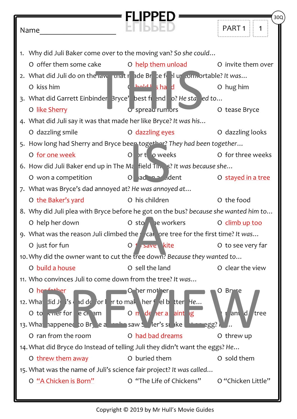 Flipped Movie Guide + Writing Activities Answer Keys Included Movie