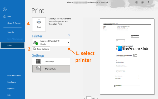 imprimir correo electrónico usando Outlook