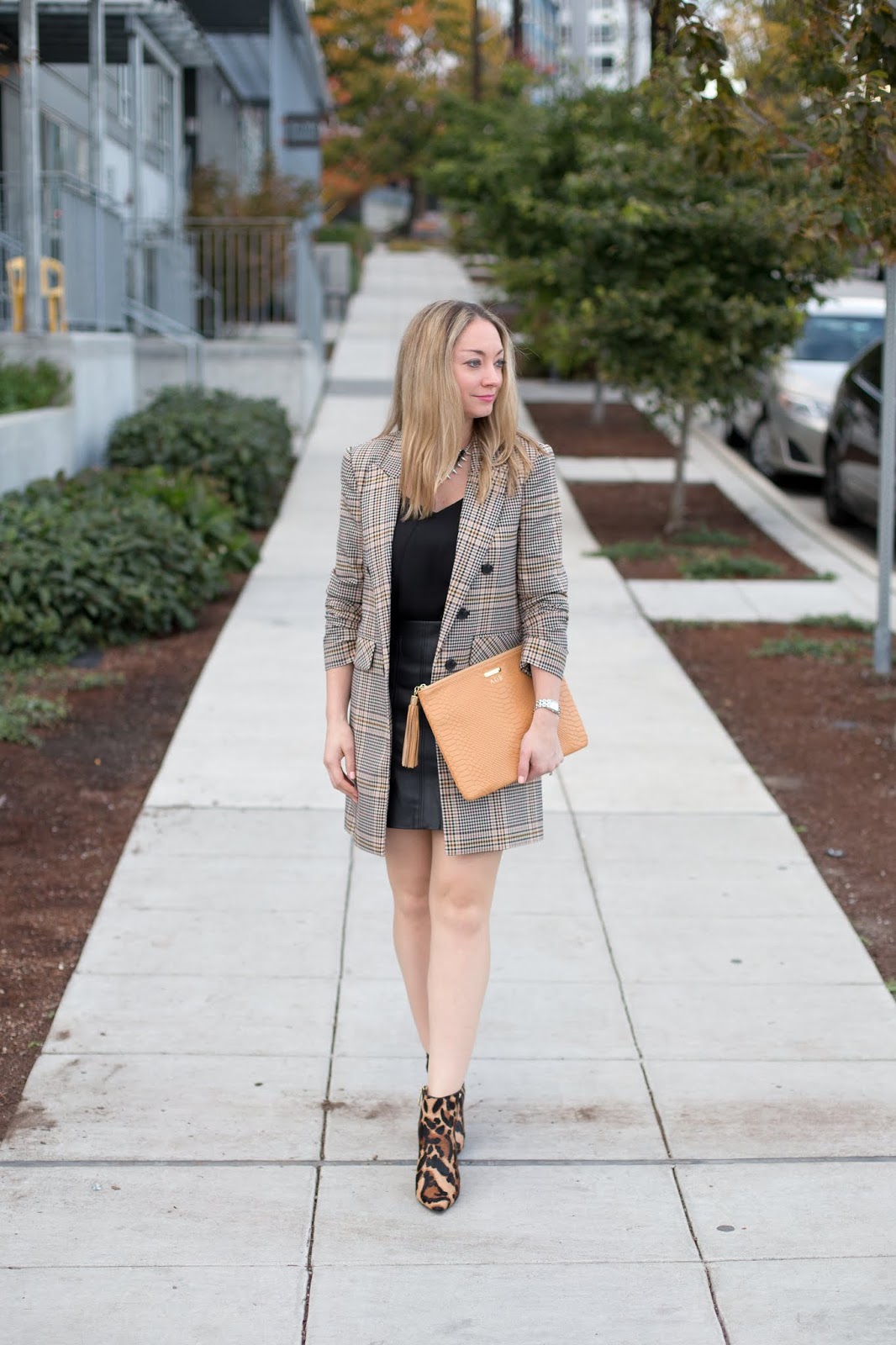 Fall Style Plaid Blazer + Faux Leather Skirt