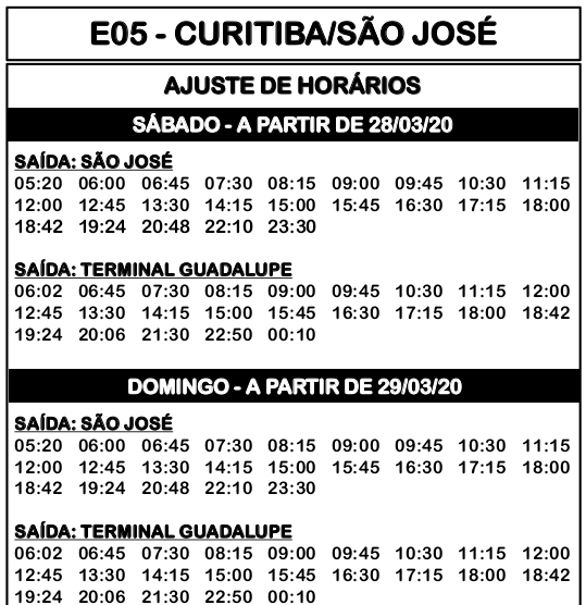 Horário de Ônibus Curitiba 2023 Horário de ônibus E05 CURITIBA / SÃO JOSÉ 2020 São José dos Horário de Ônibus Curitiba 2023 Horário de ônibus E05 CURITIBA / SÃO JOSÉ 2020 São José dos