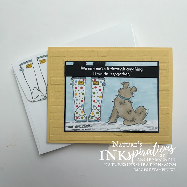 By Angie McKenzie for Stamping INKspirations Blog Hop; Click READ or VISIT to go to my blog for details! Featuring the No Matter the Weather Card Kit along with the Bonus Stamp Set from the March 2020 No Matter the Weather Paper Pumpkin Kit, the Pampered Pets Cling Stamp Set and the Count on Me Cling Stamp Set by Stampin' Up!® to create a fun-themed encouragement card; #encouragementcards #stampinginkspirationsbloghop #naturesinkspirations #nomattertheweather #cardkitcollection #pamperedpetstampset #countonmestampset #splishsplash #rain #galoshes #handmadecards #coloringwithblends #prettyenvelopes  #simplestamping