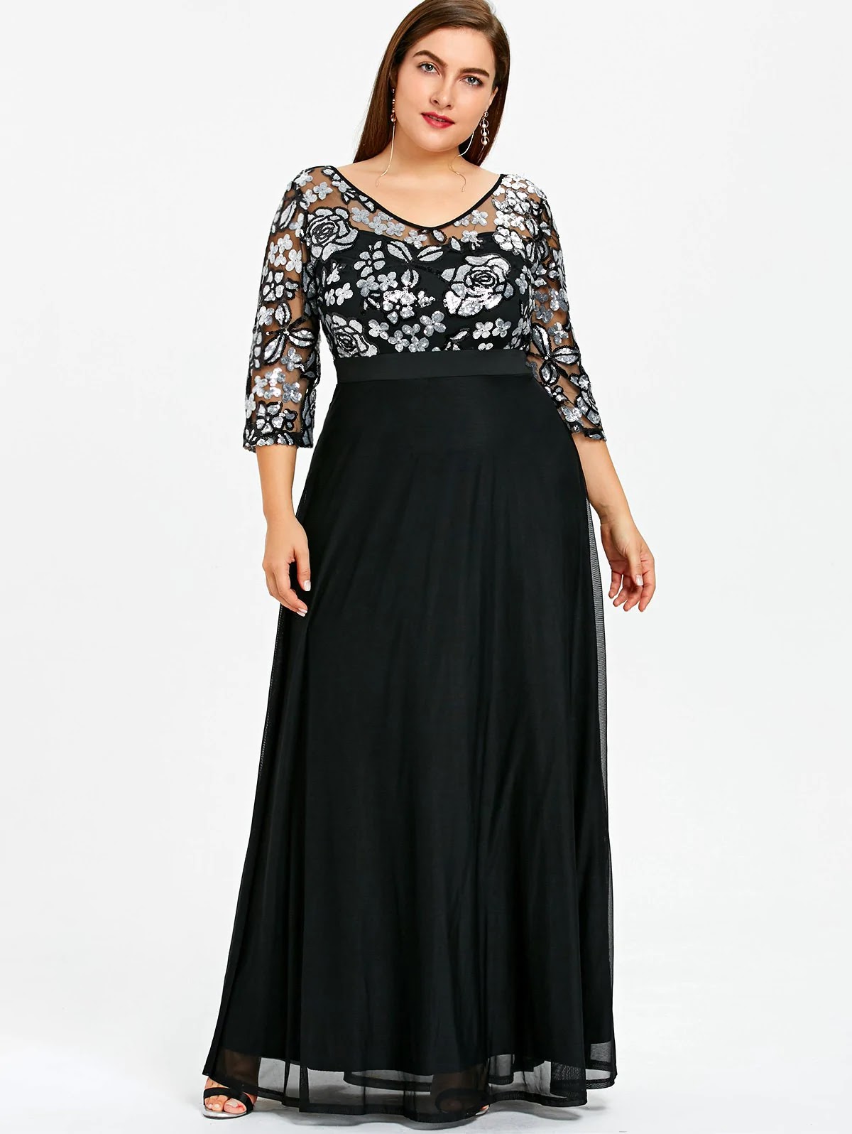 Plus Size Sequined Floral Sheer Prom Dress