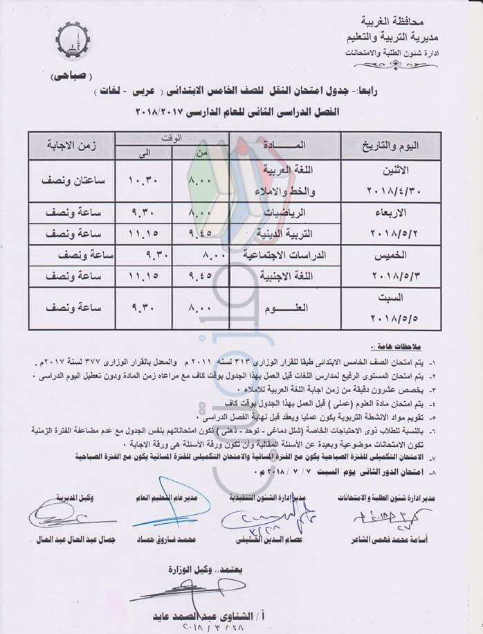 جدول امتحانات الصف الخامس الابتدائي 2018 الترم الثاني محافظة الغربية جدول امتحانات الصف الخامس الابتدائي 2018 الترم الثاني محافظة الغربية