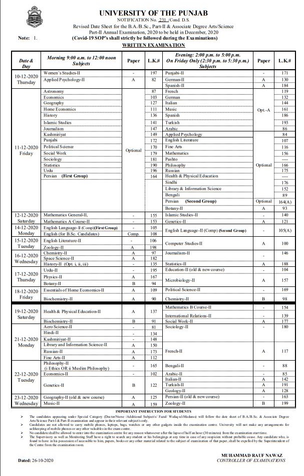 Revised Date Sheet BA BSc Part 2 PU Lahore