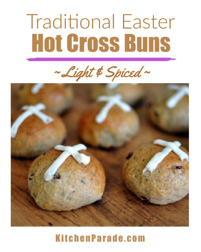 Hot Cross Buns, an Easter tradition ♥ KitchenParade.com, spiced sweet buns topped with icing crosses.