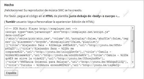 Copiar y pegar el código del Reproductor de Música para tu Blog o Página Web