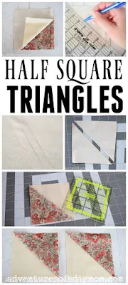 collage of pictures depicting how to sew a half square triangle