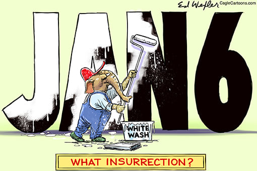 Image:  Republican Elephant whitewashing January 6.  Caption:  What Insurrection?