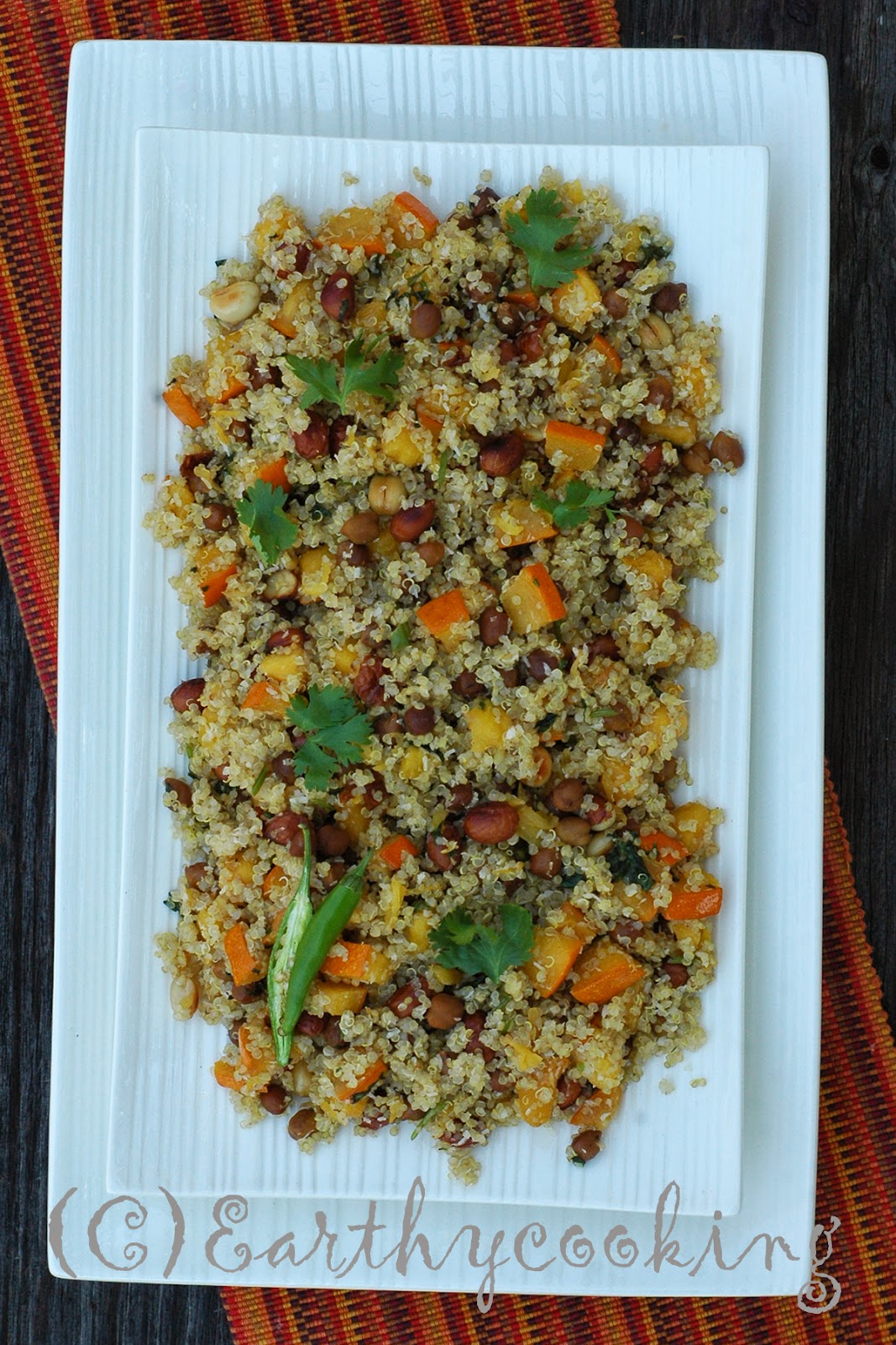 Earthycooking Quinoa pilaf with pumpkin,peanuts and whole bengal gram