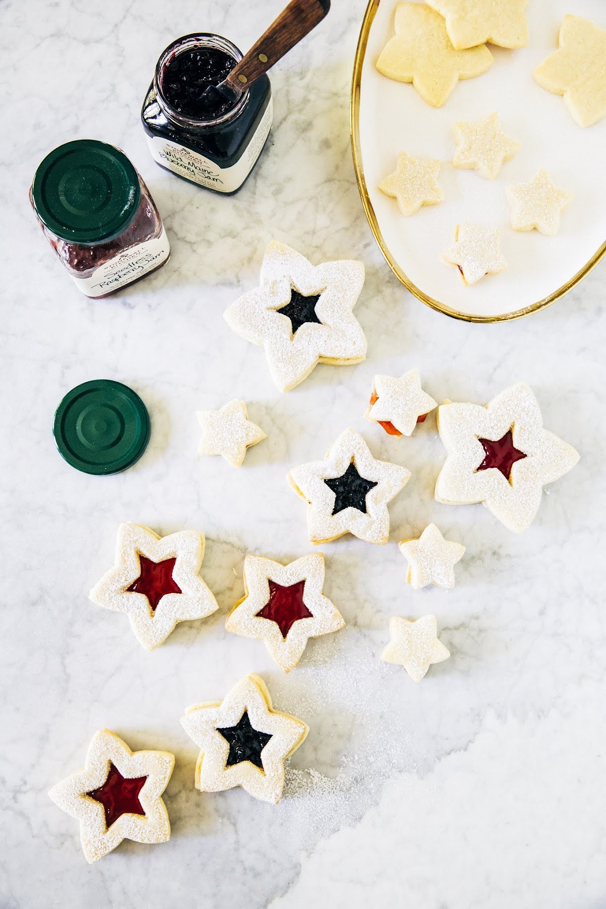red, white, and blue linzer cookies
