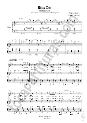 1 Soprano Sax y Saxo Tenor Partitura de Bella Ciao a Dúo con Piano Acompañamiento Sheet Music for Soprano Sax and Tenor Saxophone Music Scores  PDF/MIDI de Saxofón Sib  PDF/MIDI de Clarinete