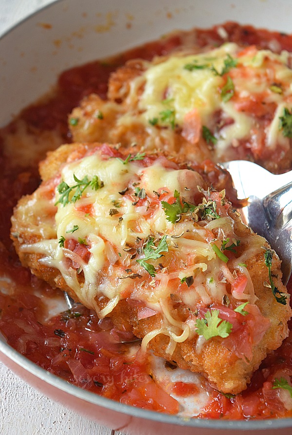 close up of best crispy chicken parmesan served with spaghetti and homemade marinara sauce