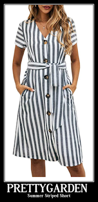 PRETTYGARDEN Women’s Summer Striped Short Sleeve V Neck Button Down Belted Swing Midi Dress with Pockets
