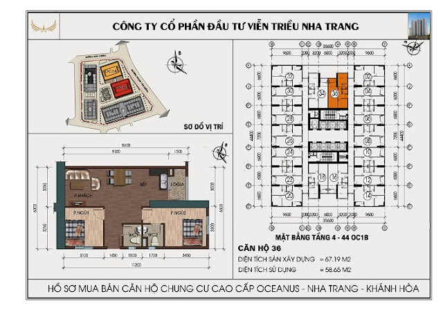 Mặt bằng Căn 36 Chung Cư OC1B Mường Thanh Viễn Triều Nha Trang