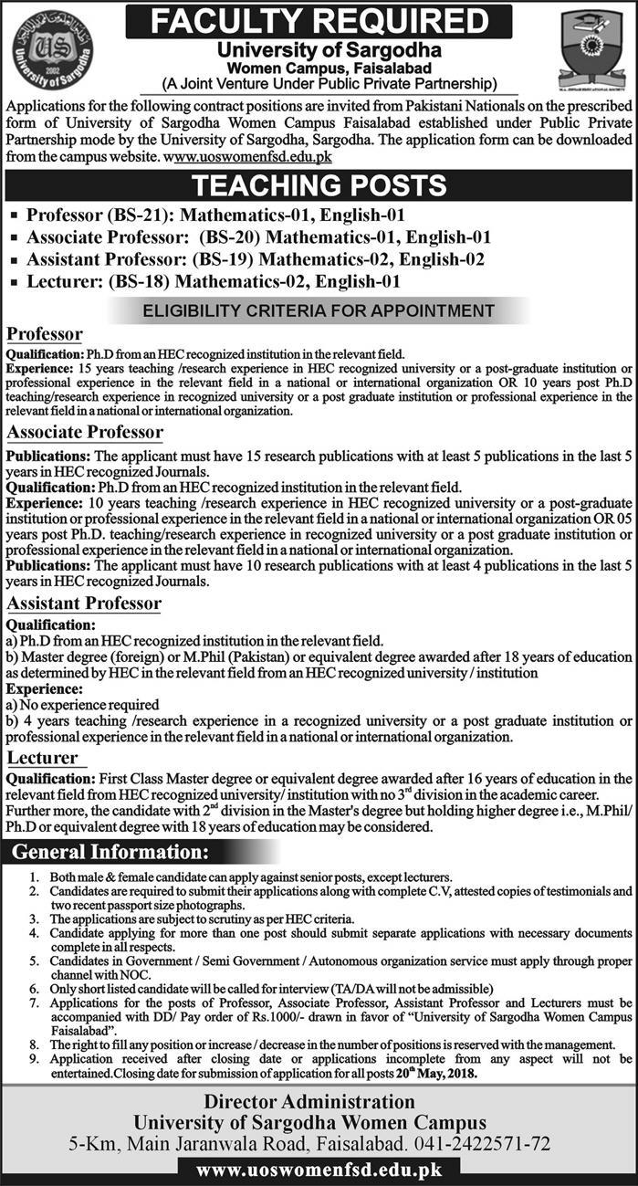 Jobs In University Of Sargodha Faisalabad May 2018