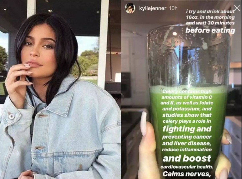 Kylie Jenner Drink celery juice in the morning Kylie Jenner once shared with her followers that she drinks celery juice daily when she wakes up, and then waits 30 minutes to eat her breakfast, in order to maintain her slim body, as the drink is rich in nutrients such as vitamin K and folic acid, and protects against weight gain problems. Especially since she is not a fan of sports as much as the rest of her family.