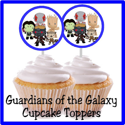 Celebrate the zany antics of the loveable Guardians of the Galaxy with this cupcake topper perfect for a superhero birthday party. Use these 2 1/2 inch circles for cupcake toppers, stickers, whirlypop labels, or any thing at your dessert table or party décor. #cupcaketopper #partyprintable #guardiansofthegalaxy #superhero #diypartymomblog