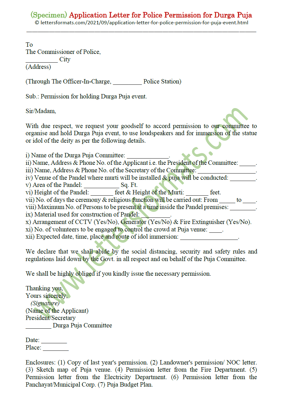 application letter for durga puja permission in english