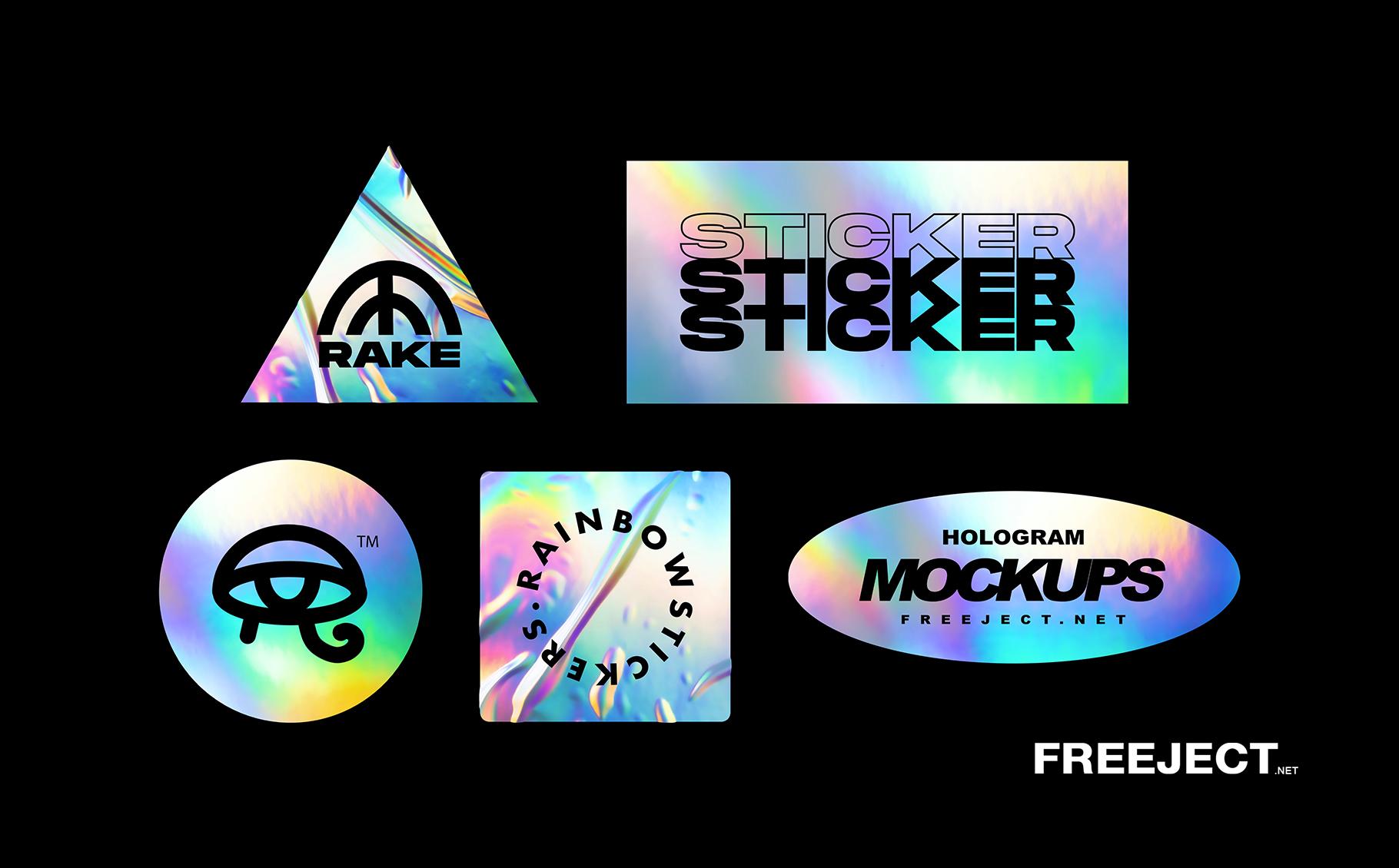 Free 5 Holographic / Rainbow Foil Sticker Mockups PSD File