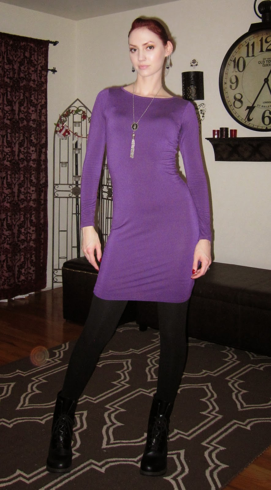 Glitter is my Crack Outfit/OOTD Comfy Purple Dress, Black Tights and