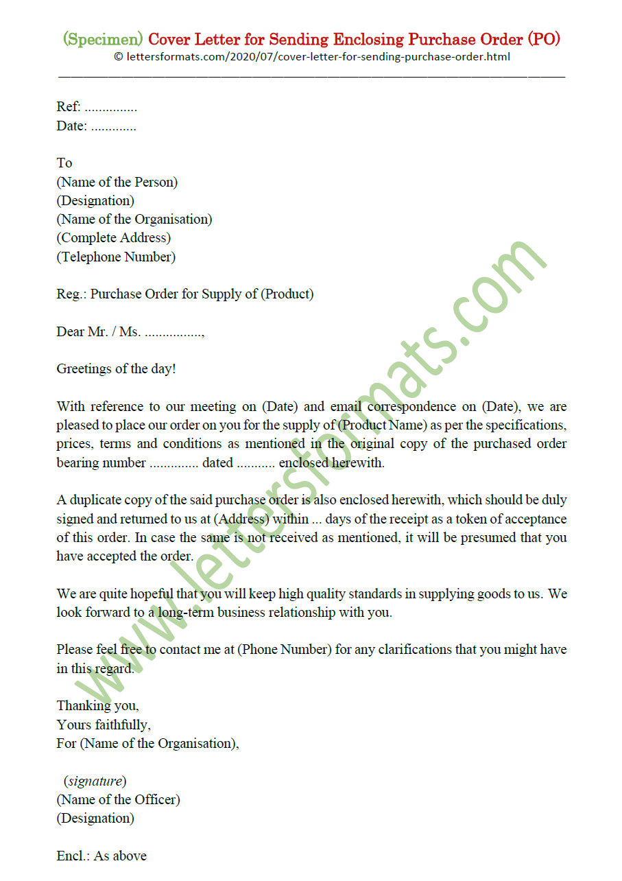 Sample Cover Letter for Sending Enclosing Purchase Order PO
