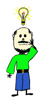 A stick figure man with bald head, mustache and beard with a bright light bulb over his head.