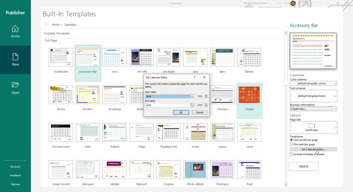 Microsoft Publisher sceglie la finestra della data del calendario