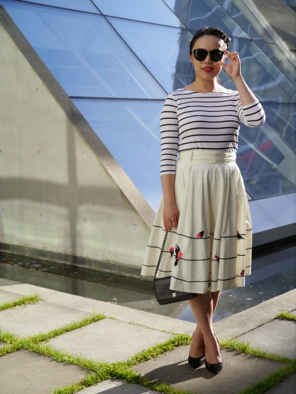 Breton stripes, bird-embellished midi skirt, Chanel