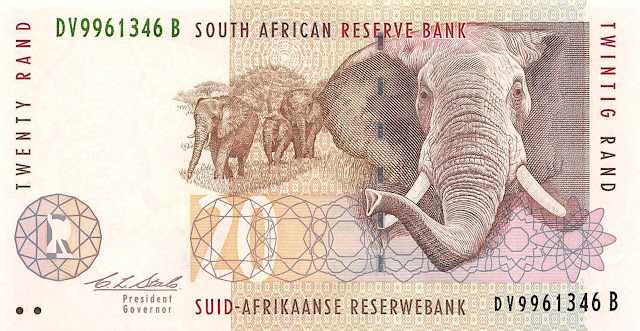 South African Currency 20 Rand banknote 1993 African Savanna Elephant