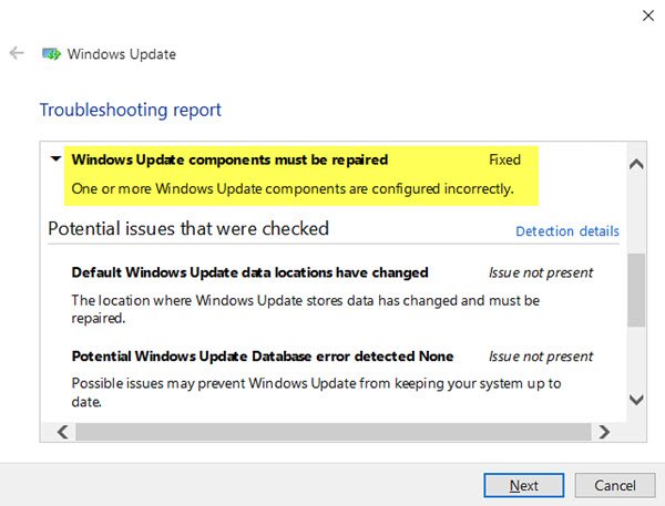 WindowsUpdateコンポーネントを修復する必要があります。1つ以上のWindowsUpdateコンポーネントが正しく構成されていません。