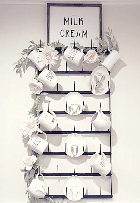 Milk and cream sign with mug rack and rae dunn