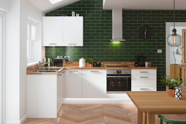 Green L shaped kitchen
