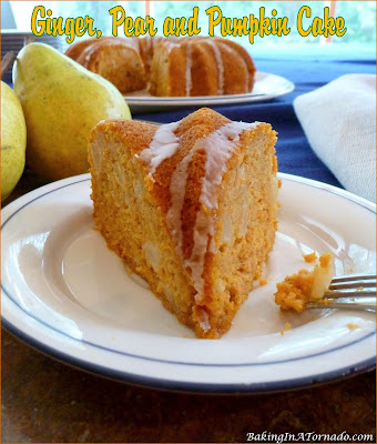 Ginger, Pear and Pumpkin Cake has a hint of ginger and is studded with chunks of fresh pear. | Recipe developed by www.BakingInATornado.com | #recipe #cake