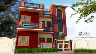 Floor plan for 30X45 feet. 4-BHK (1350sq ft / 125.42 sq meter) {9.15 X 13.72mt} 3D FRONT ELEVATION